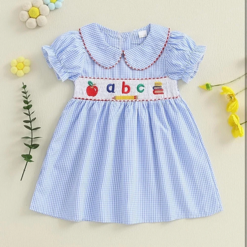 NWT 4T Girls Blue Gingham Alphabet Back to School Short Sleeve Smocked Dress